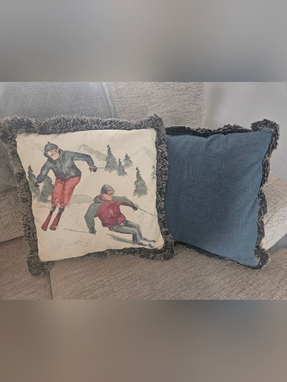 Ski Chalet Watercolour Skier Pillows Faux Fur Trim – Set of 2